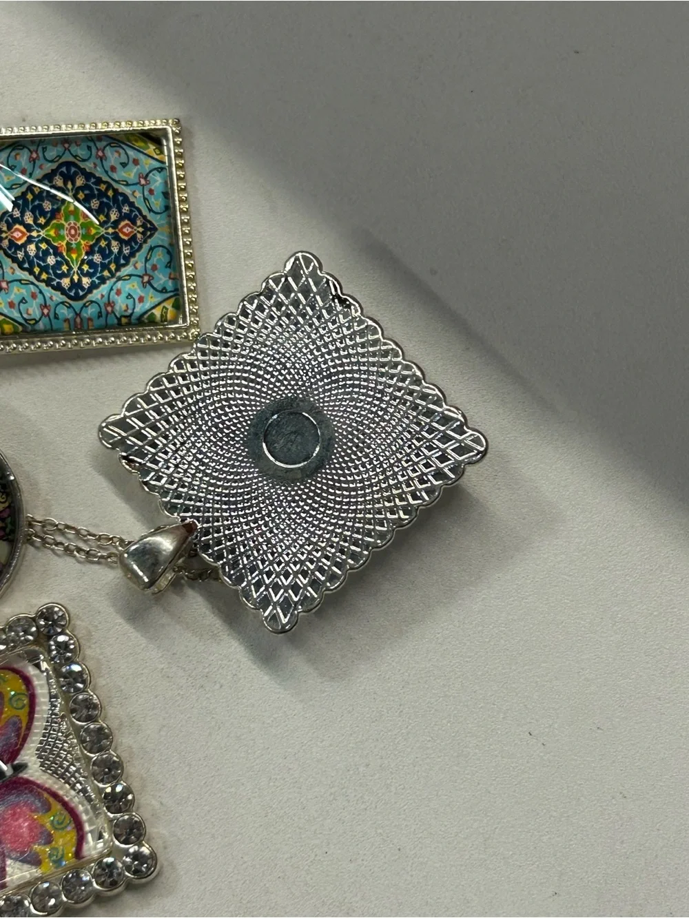 10 Silver tone Multi-Color Patterned Glass Pendant Necklaces
